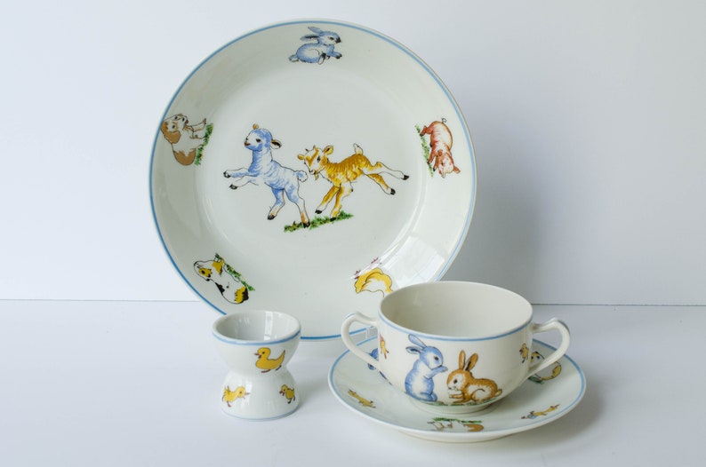 4 Piece Set Children/'s Plate Set Baby Shower Gift Farm Animals Serving Set French GDA Limoges Children/'s Porcelain Dish Set
