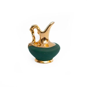 Limoges Miniature Tiny Porcelain Pitcher Jug in Matte Green with Gold Accents, Hand-Painted, Marked RG Montigny Limoges France