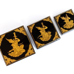 Nesting Lacquered Boxes, Square Jewelry Boxes, Gold-Leafed Thai Traditional Lacquerware, Stackable Lacquered Boxes, Keepsake Gift Idea