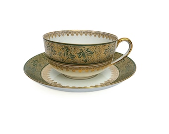 Antique T&V Limoges Cup and Saucer, Green Gold Grapevine Gilt Porcelain, Tressemanes Vogt France, c. 1900