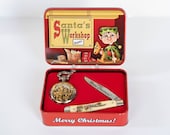 SCHRADE SCRIMSHAW Santa 39 s Workshop Pocket Watch and Pocket Knife Christmas Set in Original Box