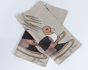 Set of 2 Vintage Jim Thompson Signed Silk Napkins with Ducks Illustrations Gray Beige Brown Tones Fall Home Decor Cottegecore Countryside