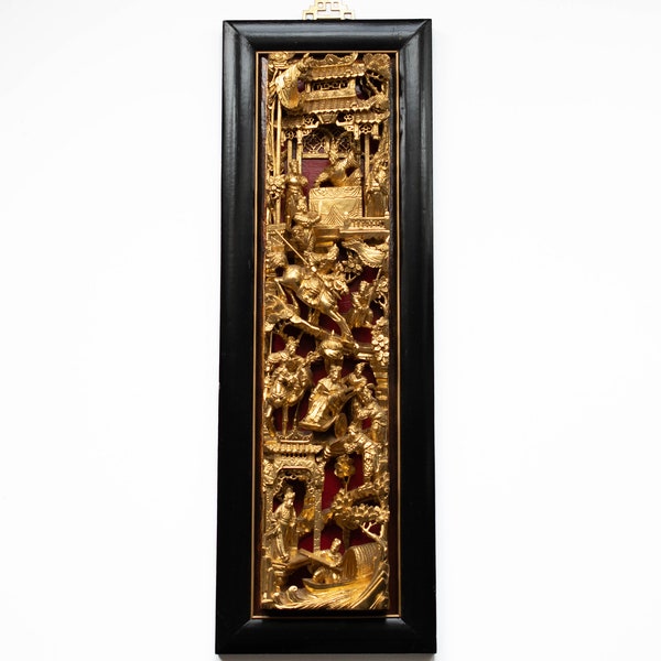 Large Chinese Temple Gold Gilt Wood Carved Wall Panel with Four Levels, Framed