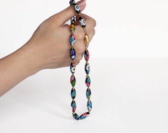 Vintage Millefiori Murano Glass Necklace, Hand-Knotted Colorful Floral Lampwork Beads, Italy