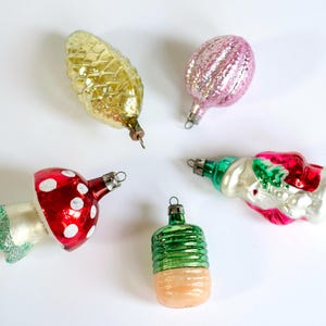 Set of Vintage Czechoslovakian Glass Ornaments, Christmas Tree Decor, Winter Holiday Gift, 5 pcs