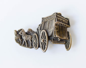 Solid Brass Vintage Belt Buckle with Horses and Wagon Design, Rustic Fashion Accessory, Gift Idea for Him