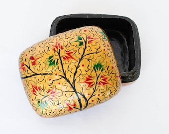 Vintage Hand-painted Lacquered Kashmiri Papier Mache Box, Indian Trinket Box, Gold Bohemian Home Decor