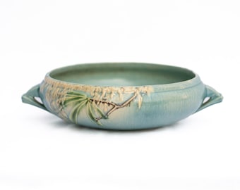 Cuenco de consola con dos asas de Roseville Blue Moss Art Pottery, tamaño 8", década de 1930, cerámica americana, EE. UU.