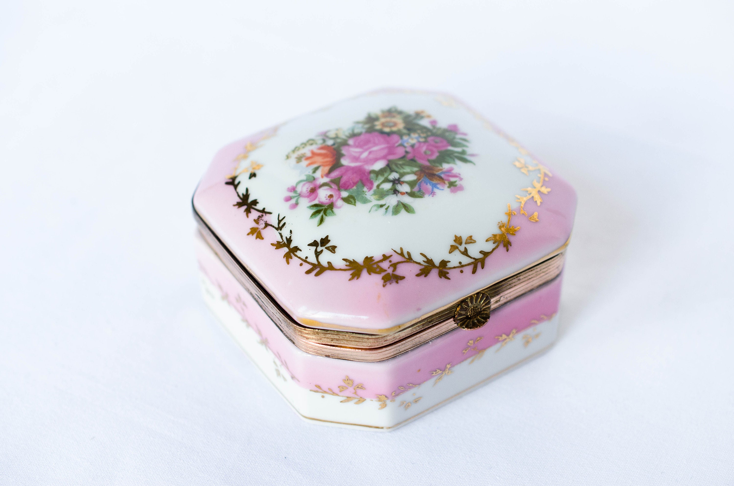 French Antique Porcelain Trinket Box Pastel Pink With Floral - Etsy