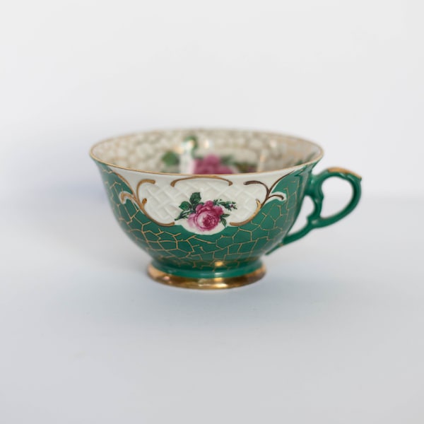 Antique WINTERLING BAVARIA Floral China Teacup, Gold Net and Roses