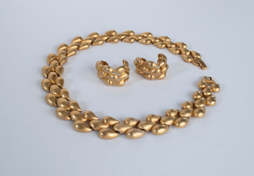 Vintage Givenchy Brushed Gold Finish Necklace & Earrings Jewelry Set