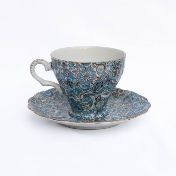 Vintage Paisley Chintz Teacup and Saucer Set in Blue and White with Golden Accents