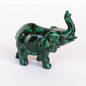 Vintage Curved Malachite Stone Elephant Figurine with Trunk Up Bohemian Home Décor, 3.5&quot;H