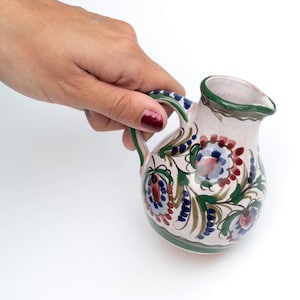 Small Vintage Pottery Pitcher, Miniature Bud Vase, Polychrome Hand-Painted Pottery