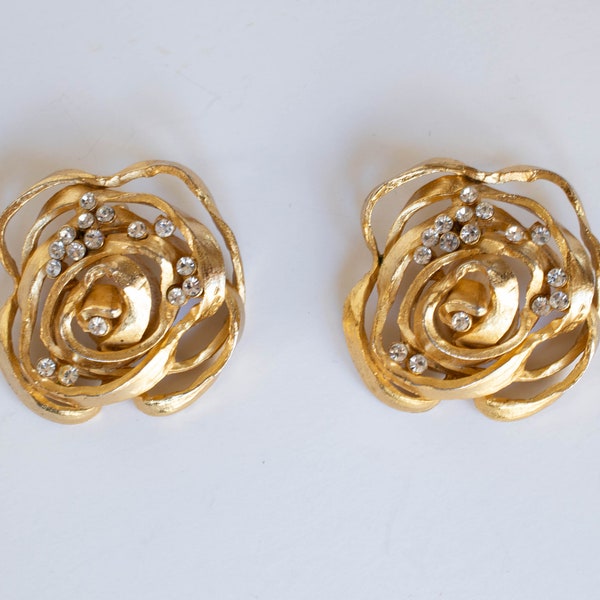 Vintage French ORENA Paris Rose Floral Clip-on Earrings with Rhinestones Accents