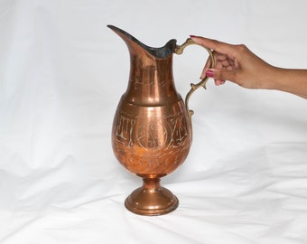 Antique Tall Copper Jug, Middle Eastern Etched Copper Pitcher - Bohemian Home Decor