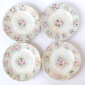 4 Pcs 8&quot; Antique Von Romer & Foedisch - FRAUREUTH Porcelain, Hand-Painted Plates, Prussia, Shabby Chic Cabbage Roses Pastel Pink Green Gold