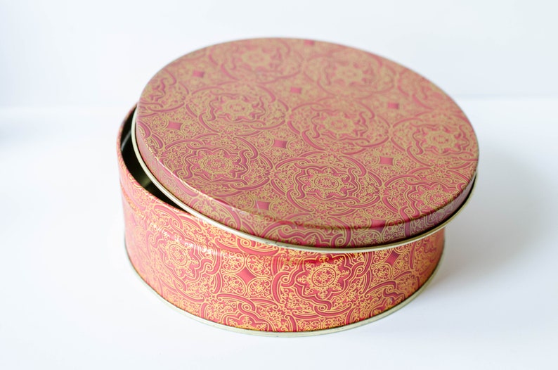 Vintage Round Tin Storage Box Golden Red Moroccan Design Tin Sweet Treat Candy Box