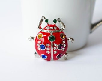 Vintage Large Lady Bug Enamel Pin Brooch - Gold / Silver - Rhinestones - Gift Idea for Her