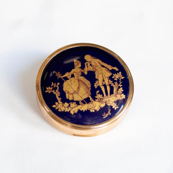 Vintage LIMOGES Compact Case with Mirror in Cobalt Blue with Gold Courting Couple Motif Vintage Makeup Vanity Victorian Glam Pretty Littles