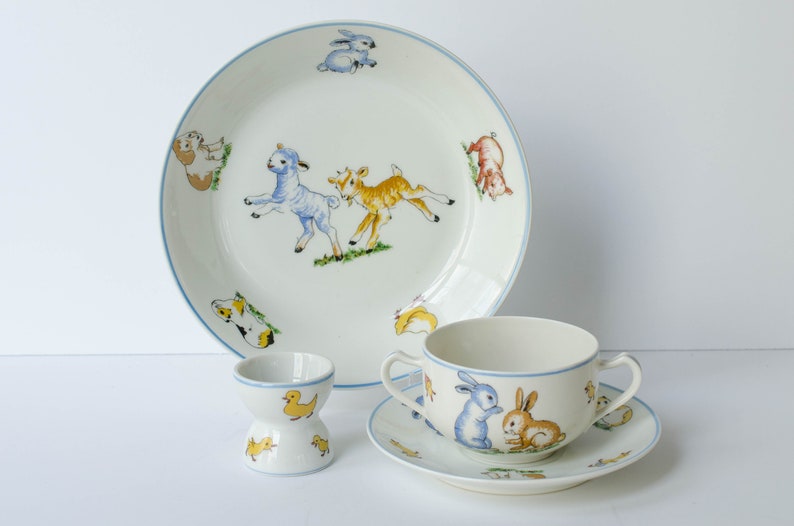 4 Piece Set Children/'s Plate Set Baby Shower Gift Farm Animals Serving Set French GDA Limoges Children/'s Porcelain Dish Set