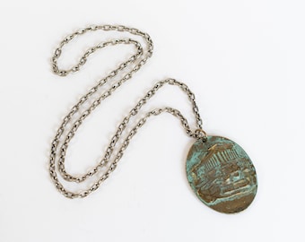 Vintage Greek Patinated Bronze Parthenon Pendant Necklace, 2 Sided, 27.5" Silver Tone Chain - Greek Mythology