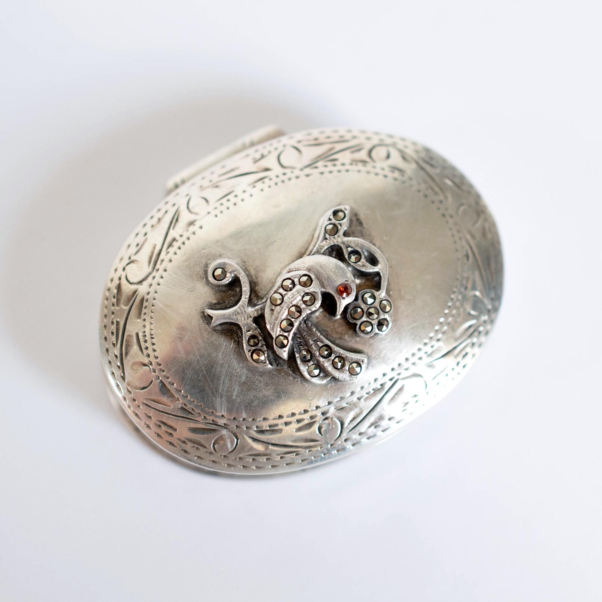Tiny Sterling Silver Pill/Ring Box with Bird on the Floral Branch Motif Garnet & Marcasite Accents Hinged Oval Jeweled Proposal Gift Idea