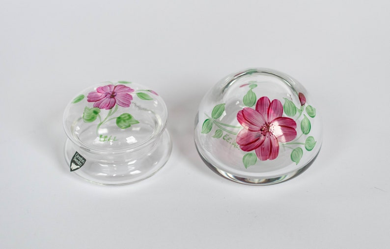 Vintage Orrefors Sweden Hand-Painted Art Glass: Trinket Box & Paperweight, Artist Signed, Scandinavian Home Décor image 2