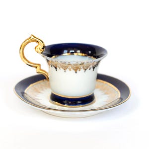 Vintage German Porcelain Miniature Cup & Saucer White with Cobalt Band and Gold Floral Scrollwork Cabinet TeaCup