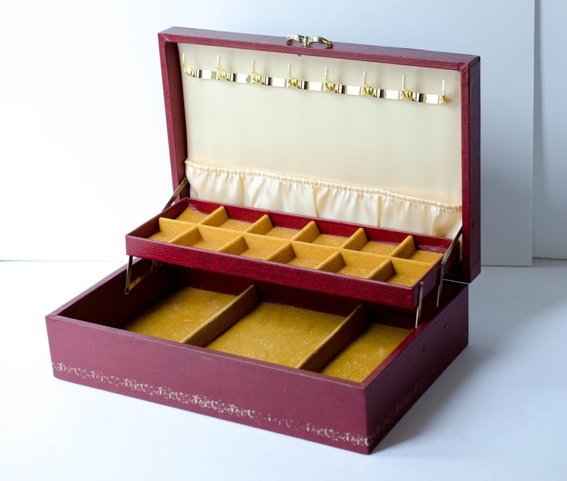 Vintage Mele Jewelry Box Storage Container Burdy Faux Leather With Mustard Velour And Cream Lining Ring Stud Earring