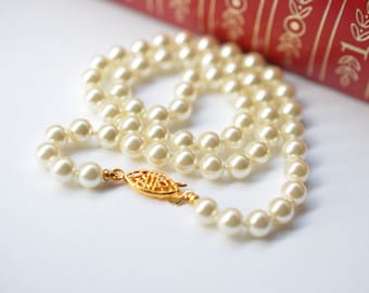 Vintage Hand-Knotted White Faux Pearl Czech Glass Necklace, 16"