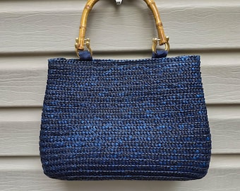 Vintage Sapphire Blue Wheat Straw Handbag Bamboo Handles 90s Y2K Woven Purse
