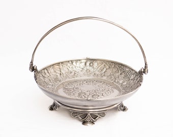 Simpson Hall Miller & Co. Antique Quadruple Silverplate Cake Basket with Embossed Floral Motif and Foldable Handle 1684