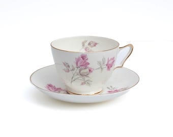 Crown Staffordshire Bone China Teacup and Saucer (F15767) - Pink