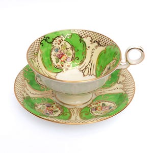 FENTON Teacup Regent Victorian Floral Green with Gold Swirl Accents Fine Bone China Teacup and Saucer Set, England