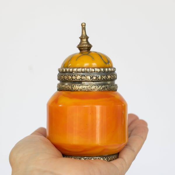 Middle Eastern Traditional Arabian Bakelite Lidded Jar in Burnt Orange and Yellow w Filigree Mix-Metal Accents, Bohemian Home Décor