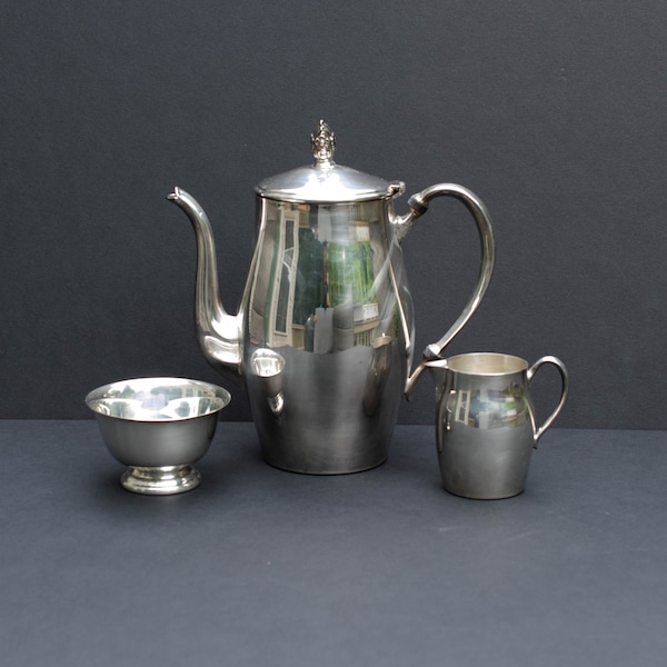 Vintage Paul Revere Reproduction E.B. Rogers Silver Co Coffee/Tea Pot, Sugar Bowl and Creamer, Silverplate Coffee Set