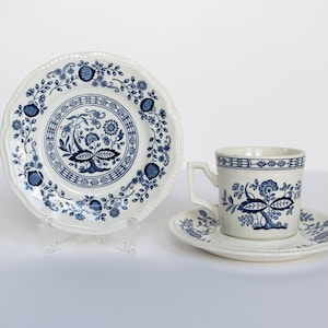 Staffordshire Ironstone Ceramic Kensington Blue and White Teacup, Saucer, and Small Serving Plate Trio Set