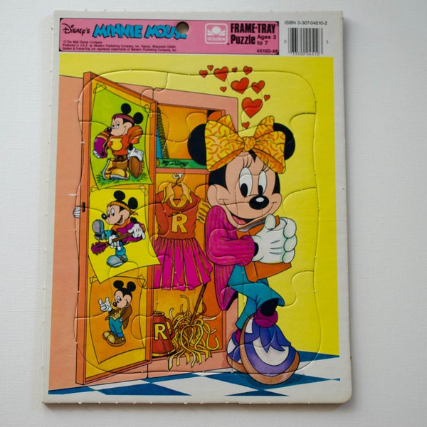 Vintage Minnie Mouse Cardboard Frame Tray Puzzle - Walt Disney - Minnie Loves Mickey Mouse Jigsaw - Ages 3 to 7 - Vintage Valentines