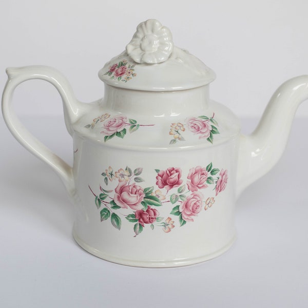 Vintage Arthur Wood Shabby Chic Roses White Teapot with Sculptural Lid, England