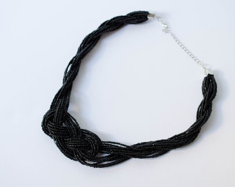 Vintage Black Knot Czech Seed Bead Rope Collana, Bigiotteria Vintage, Gioielli Vintage, Collana di perline di semi neri