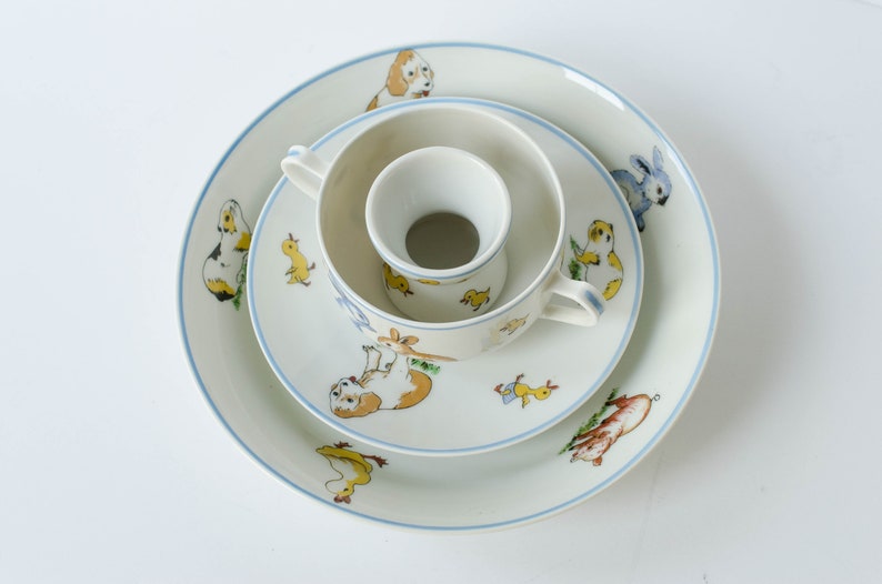 4 Piece Set Children/'s Plate Set Baby Shower Gift Farm Animals Serving Set French GDA Limoges Children/'s Porcelain Dish Set