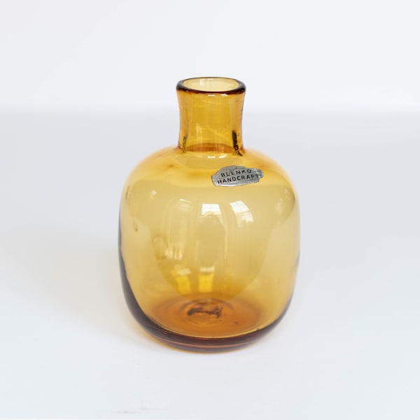 Blenko Mid-Century Modern Amber Hand-Blown Glass Vase, MCM Art Glass