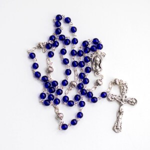 Vintage Hand-made Catholic Rosary Necklace, Cobalt Blue Glass Beads, Traditional 5-Decade - Communion - Baptism - Christmas