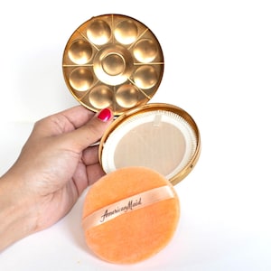 Vintage American Maid Makeup Loose Powder Case with Original Puff - Gold Plated - Classic Hollywood Glam