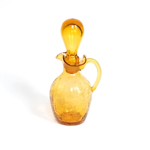 Vintage Rainbow Glass Co. Mid-Century Modern Amber Hand-Blown Crackle Glass Carafe Pitcher with Stopper, MCM Art Glass