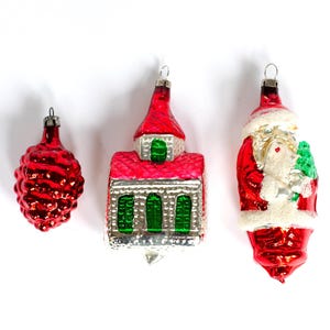 Vintage Czechoslovakian Glass Santa Pinecone Church Ornaments, Red Christmas Tree Ornament, Christmas Tree Decor, Winter Holiday Gift