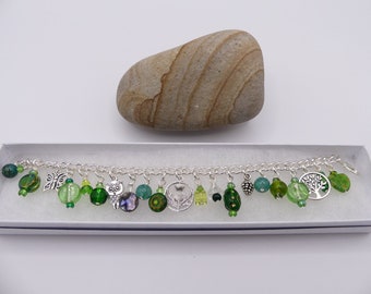 Green Glass Bead Charm Bracelet Scottish Nature 7 to 9 inches Handmade