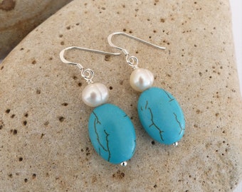 Turquoise Howlite & Freshwater Pearl Earrings Sterling Silver Scottish