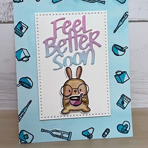 Feel Better Bald – Handgemachte Get Well Karte mit Häschen und medizinischen Symbolen